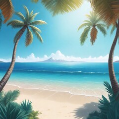 Wall Mural - Tropical beach with palm trees and sea in painting style. summer holiday graphics, cheerful happy and festive design. Summer background