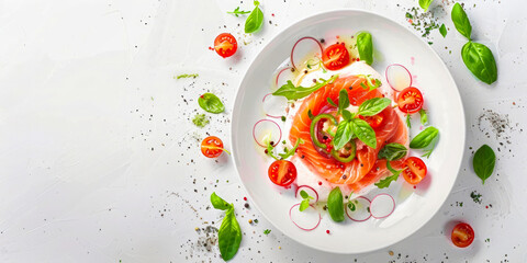 Fresh salmon carpaccio with radish slices, cherry tomatoes, basil leaves, and ground pepper on a white plate.