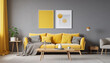 A stylish living room with a yellow sofa coffee table and gray walls