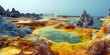 landscape with mineral deposits around a hot hydrothermal water outlet in a volcanic region