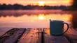 A serene sunrise scene with a coffee mug on a rustic wooden pier overlooking a tranquil lake, perfect for themes of solitude and reflection.