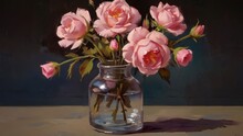 Oil Painting Of Pink Roses In A Vase, Artwork 