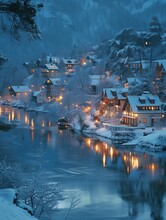 In The Heart Of The Winter, The Village Awakens To A Tranquil Night, Where Every Corner Is Bathed In A Soft Illumination, Casting A Romantic Spell Over The Snowy Surroundings.