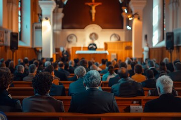 Wall Mural - A pastor, preacher or priest stands in front of the faithful parishioners in the church, inspiringly reading a sermon, sharing spiritual thoughts and guiding them on a spiritual path