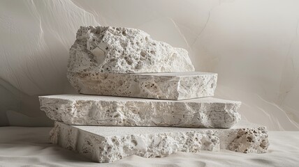 A high end e-commerce photoshoot, premium background, no products, very minimalistic, stone blocks, white and cold tones