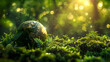 An image of a green globe in the forest, symbolizing Earth Day and environmental conservation.