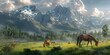 Mountain Meadow Horses Grazing in Serene Remote Wilderness Landscape