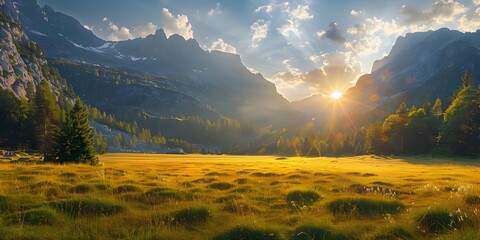 Wall Mural - majestic mountainous meadow illuminated by golden sunset light casting long shadows on serene pastor