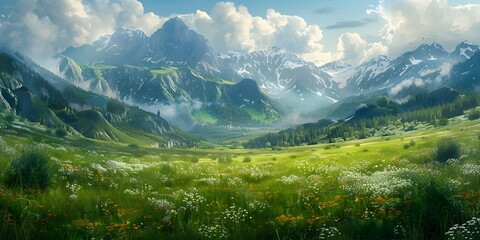 Wall Mural - a serene panoramic meadow nestled among majestic snow capped peaks in a pristine alpine landscape