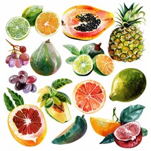 Exotic Fruits Watercolor Clipart Collection, Professionally Rendered, Against A White Background