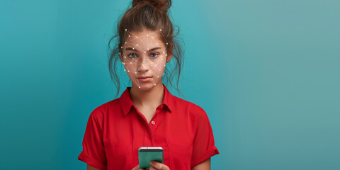 Wall Mural - Portrait of concentrated schoolgirl in red shirt holding smartphone with immersive facial recognition interface standing over teal background. Concept of biometric scanning professional photography