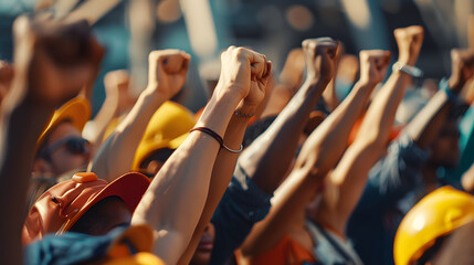 a diverse group of workers raising their fists in the air