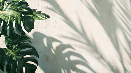 Wall Mural - tropical monstera leaves casting shadows on a light wall, artistic botanical photography, minimalist
