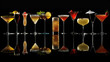 A collection of diverse cocktails, each with its own distinctive appearance and flavor profile, is elegantly presented against a black background, making each glass a standout piece.