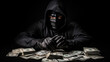 Portrait man thief wearing a black hood shirt, standing hand holding gun and money cash, counting the amount obtained from hijacking or robbing