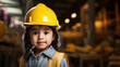 Girl kindergarten wearing yellow construction engineer helmet or safety hard hat in construction site