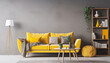 3D rendering of a cozy living room interior with a yellow sofa gray walls and stylish furniture