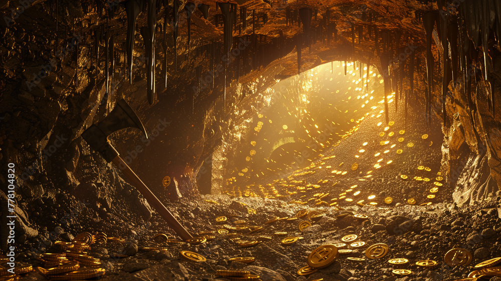 Amidst the depths of a golden cave, this 3D artwork captures the ...