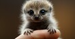 Photorealistic, 8k, Micro Tiny baby Meercat perched on a human finger 