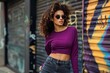 Stylish Woman Flaunts Trendy Purple Long Sleeve Crop Top Generative Ai