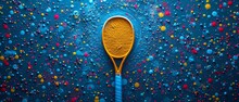 A Yellow Spoon Sitting On Top Of A Blue Surface Covered In Sprinkles And Colored Drops Of Water.