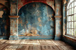 Empty room in an abandoned house in decay with painted walls scratched,background grunge style