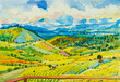 Travel rural village scenery farm landmarks in Thailand. Watercolor landscape original paintings on paper