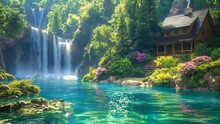 Beautiful House In The Forest, Surrounded By Greenery And Colorful Trees, With A Waterfall Flowing. Seamless Looping 4k Time-lapse Video Animation Background 