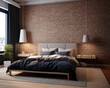 Modern bedroom interior with brick wall comfortable bed bedside tables lamps and potted plant near the window