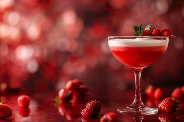 Strawberry cocktail on red background, refreshing drink.