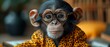 a close up of a monkey with glasses on it's head and a leopard print shirt on it's chest.