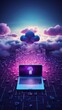 Lavender cloud security laptop with lock, technology background texture pattern design backdrop with copy space for photo, cyber security hacker data tech concept