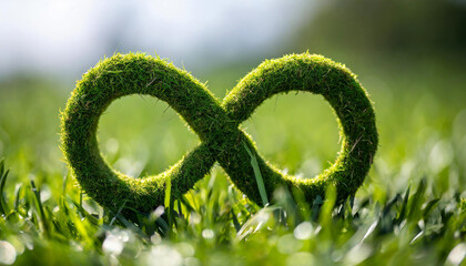 An eco-friendly business continuity concept in manufacturing, featuring a lush green infinity symbol crafted from grass, representing sustainable practices and endless growth in the industry