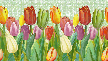 Wall Mural - Horizontal seamless background with colored tulips. illustration.