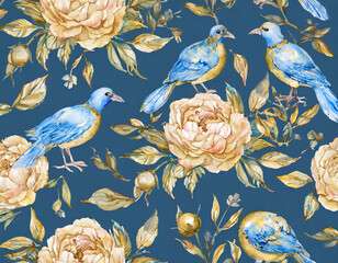 watercolor seamless pattern, blue design with peonies, birds, roses, gold botanical, floral pattern