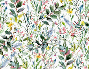 Wall Mural - Watercolor seamless pattern white background - illustration with green leaves, pink blue yellow buds and branches. Wild field herbs flowers. Wedding invites, fashion, prints, backgrounds.