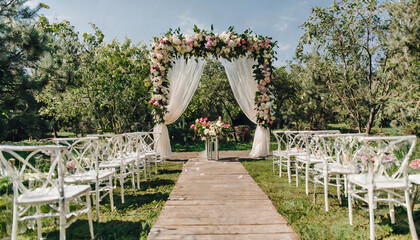 Poster - Wedding ceremony background decoration with plant and bouquets flowers, empty scene for wedding in the garden