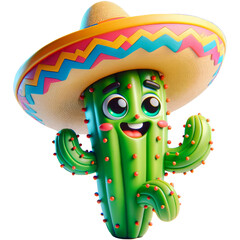 A vibrant 3D animated cactus with a joyful expression wearing a multicolored sombrero, symbolizing festivity and fun