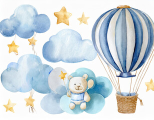 Wall Mural - Baby shower invitation elements - teddy bear, hot air balloon basket, air ballons, clouds, moon, stars. Announcement birthday party newborn event. Watercolor drawing, template, print, poster