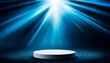 © Merlin - Background podium 3D light neon blue platform stage product abstract. Scene background 3D podium dark pedestal room glow studio empty stand floor night modern circle show space display game led black