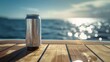 A refreshing can of drink on the deck of a boat with the ocean stretching out to the horizon, basking in the warm glow of the setting sun. Product Mockup