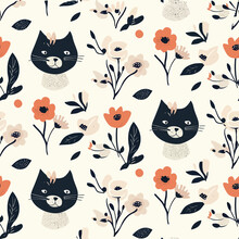 Vector Seamless Watercolor Pattern Colorful Design A Colorful Vintage Background With A Cats And Flowers Design
