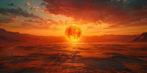 Wall Mural - A gigantic Sun touching he horizon in a hazy sunset with all its detail exposure. AI generative