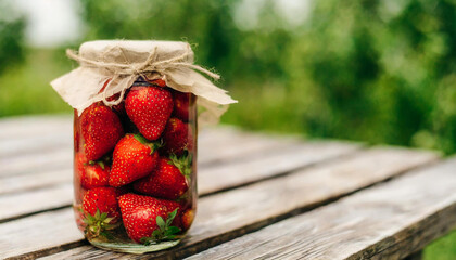 Wall Mural - Homemade dessert of canned strawberries in a glass jar on a wooden table. Strawberries preserved to perfection.