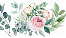 Watercolor Floral Illustration Bouquet Set - Green Leaves, Pink Peach Blush White Flowers Branches. Wedding Invitations, Greetings, Wallpapers, Fashion, Prints. Eucalyptus, Olive, Peony, Rose