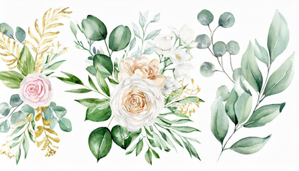 Watercolor floral illustration set - bouquet, frame, border. White flowers, rose, peony, gold green leaf branches collection. Wedding invites, wallpapers, fashion. Eucalyptus olive leaves chamomile.