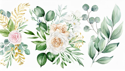 Wall Mural - Watercolor floral illustration set - bouquet, frame, border. White flowers, rose, peony, gold green leaf branches collection. Wedding invites, wallpapers, fashion. Eucalyptus olive leaves chamomile.