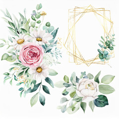 Wall Mural - Watercolor floral illustration set - bouquets, frame, border. White flowers, rose, peony, gold green leaf branches collection. Wedding invites, wallpapers, fashion. Eucalyptus olive leaves chamomile