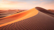 Rippling sand dunes in a vast desert, their curvatures highlighted by the setting sun.
