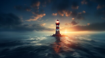 Wall Mural - A luminous lighthouse guiding ships at sea